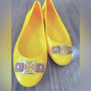 Tory Burch Bright Yellow Flats with Gold and Brown Accents